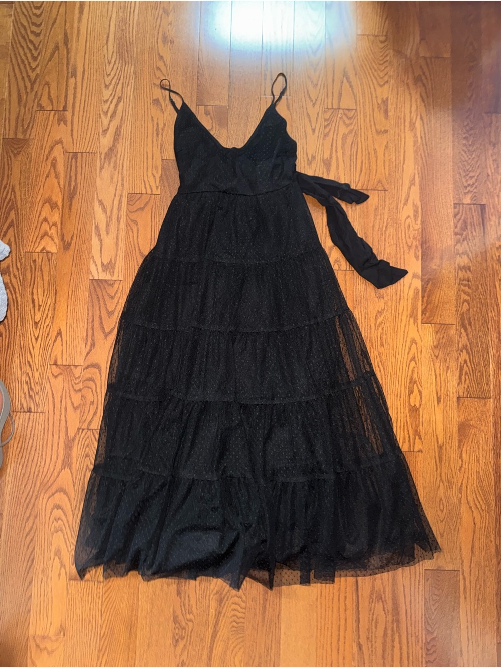 Lulus Black Tiered Mesh Midi Dress with Tie Waist
